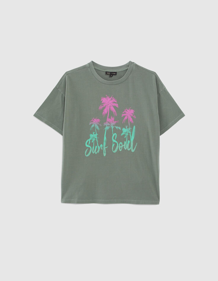 Kaki T-shirt opdruk palmen en glitters meisjes-1