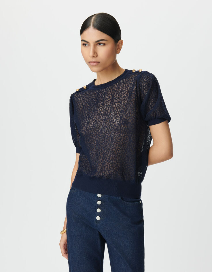 Women’s navy openwork knit sweater with buttoned shoulders-3