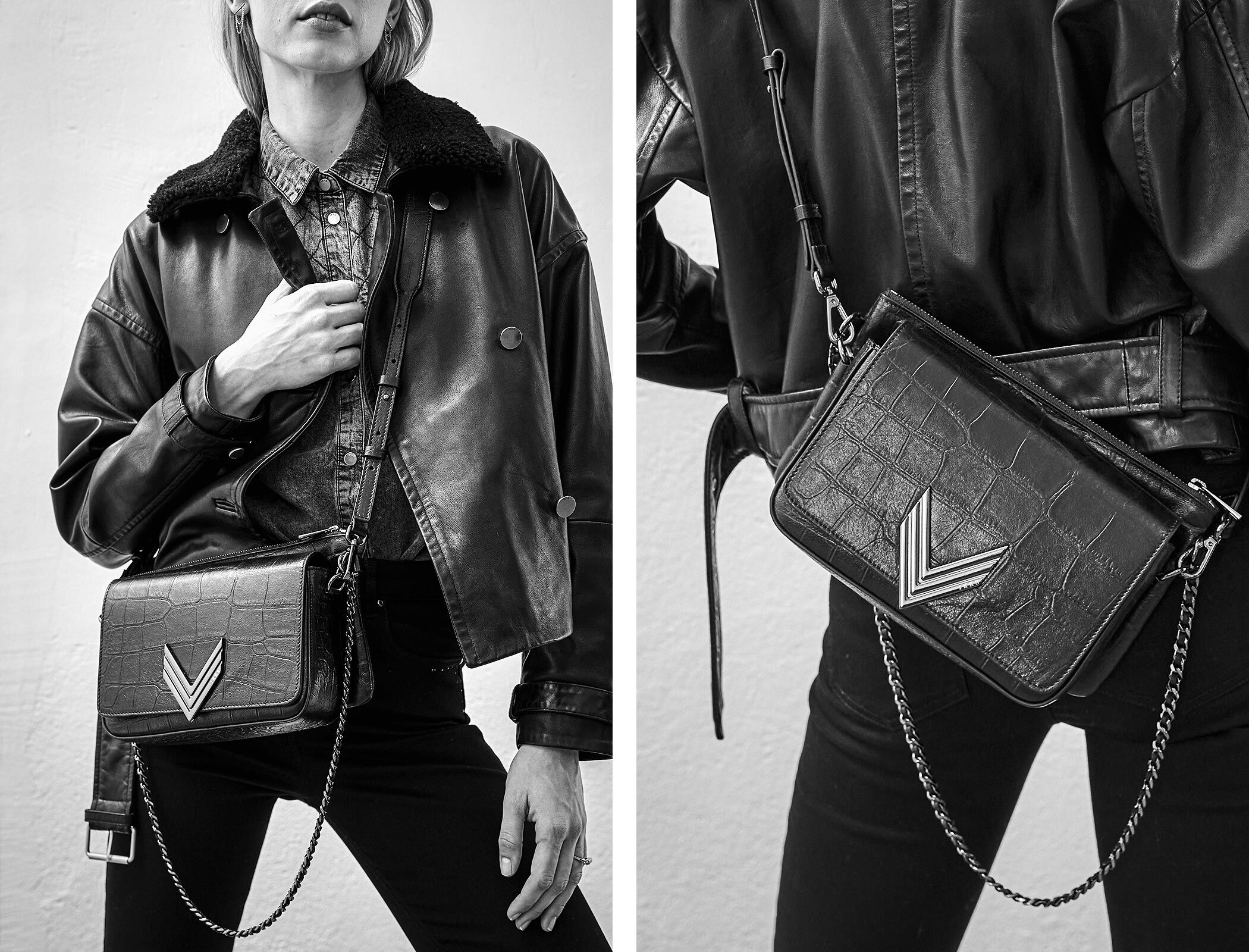 Women's black Italian lambskin leather crocodile-look Monica 111 bag