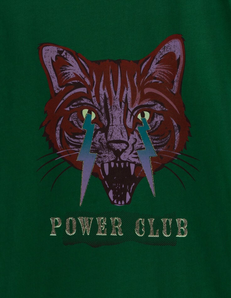 Gr&uuml;nes T-Shirt, Rundhals, Katze, Blicke-2