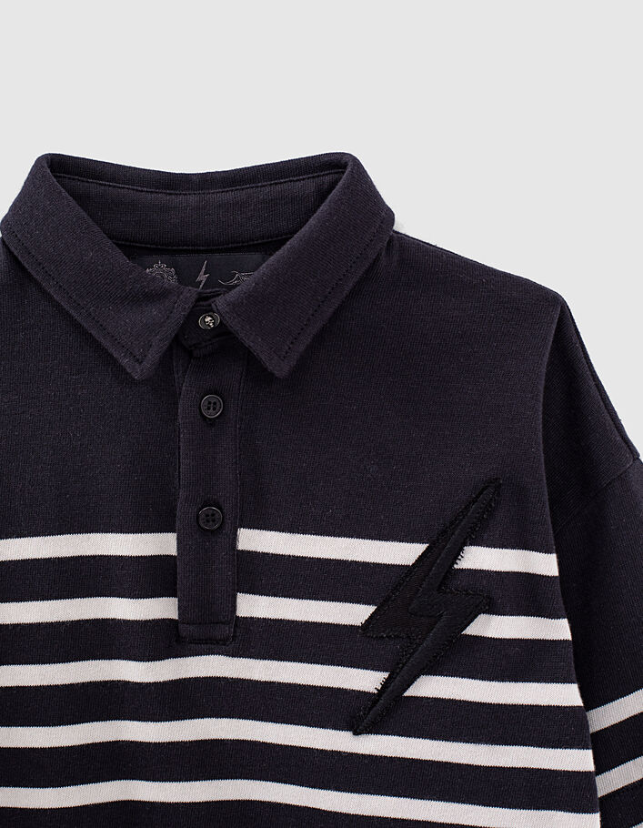 Boys’ black sailor stripe polo shirt, ecru stripes & badge - IKKS