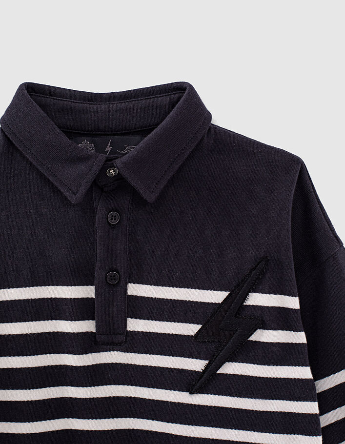 Boys’ black sailor stripe polo shirt, ecru stripes & badge-2
