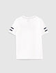 Weißes Jungen-T-Shirt mit marineblau gestreiften Ärmeln-3