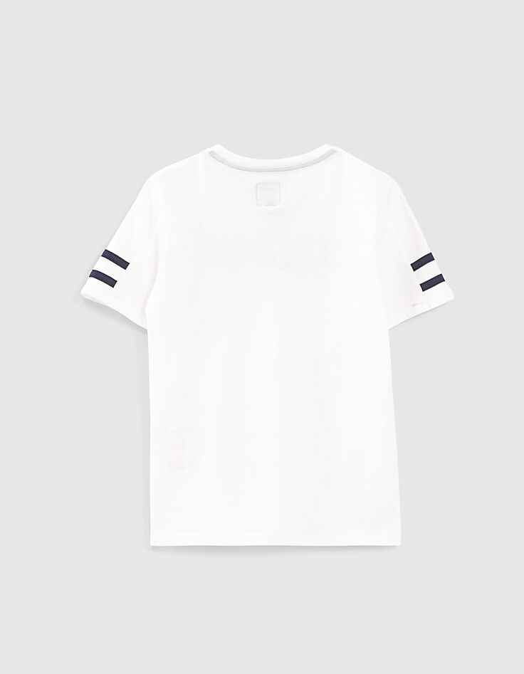 Weißes Jungen-T-Shirt mit marineblau gestreiften Ärmeln-3 Weißes Jungen-T-Shirt mit marineblau gestreiften Ärmeln-3
