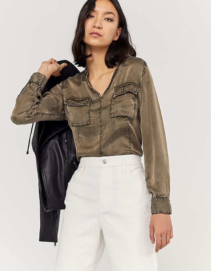 Khaki Damencuprobluse in Acid-Wash-Optik-2