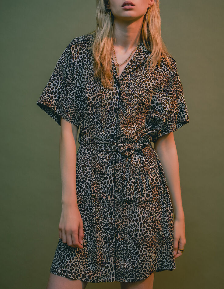 Women’s cognac shirt dress with baby leopard print-6