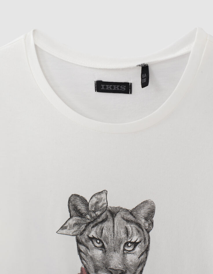 Cremewei&szlig;es M&auml;dchenshirt mit L&ouml;win und Schleife-3