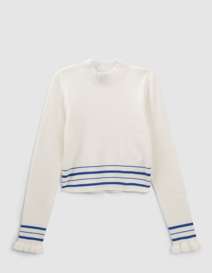 Pull blanc à rayures bleues en tricot fille-1