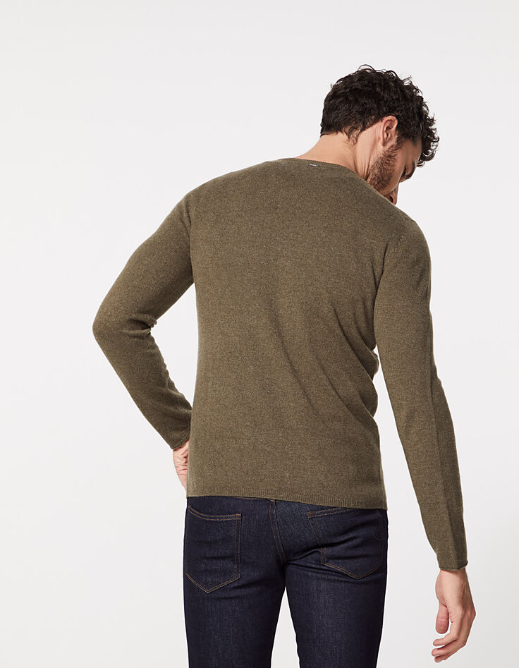 Pull kaki col rond en cachemire Homme-3