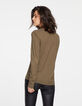 Women’s khaki embroidered shoulder long-sleeve T-shirt-3
