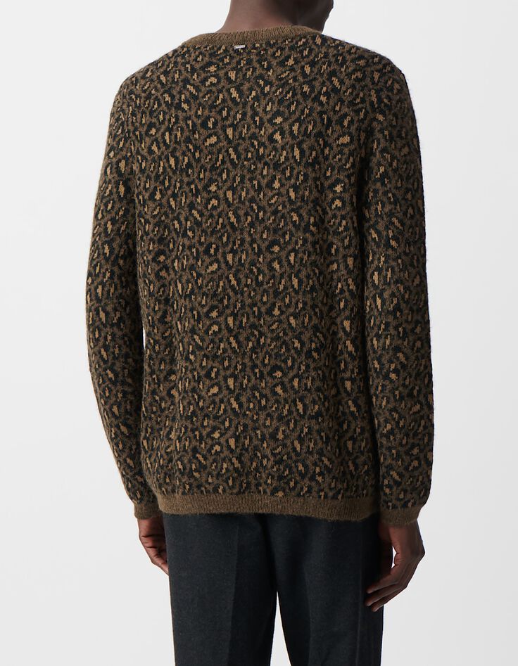 Pull beige tricot jacquard motif l&eacute;opard Homme-3