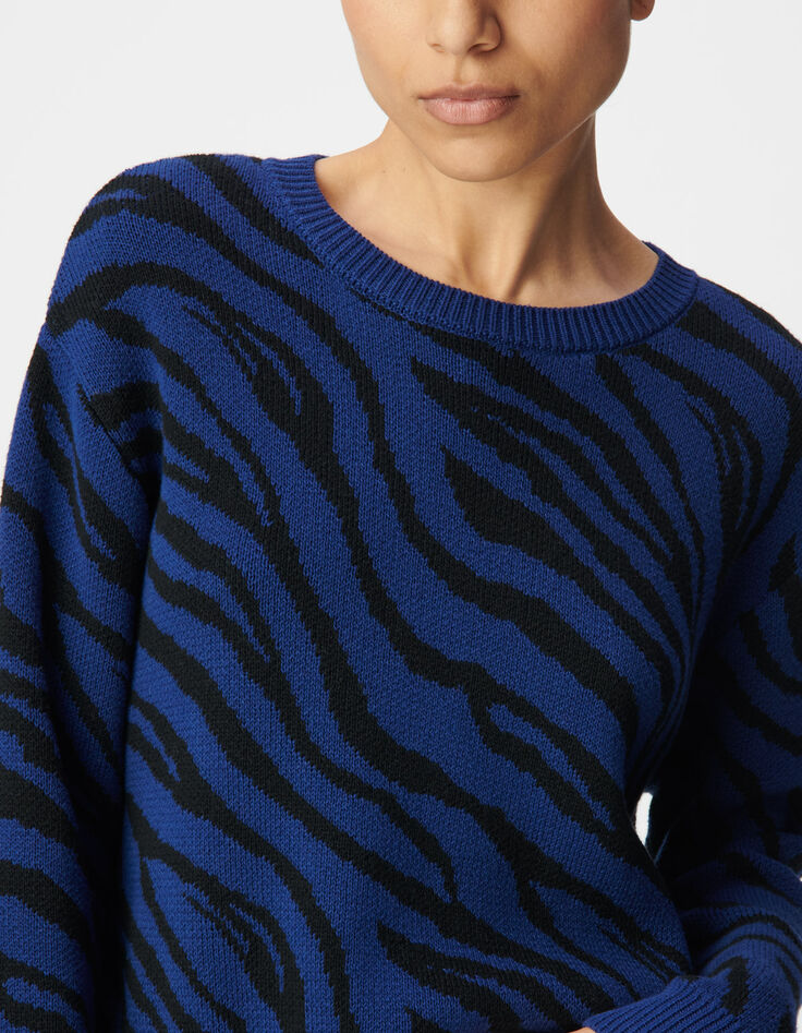 Blauer Damen-Croppedstrickpulli Zebramuster-5
