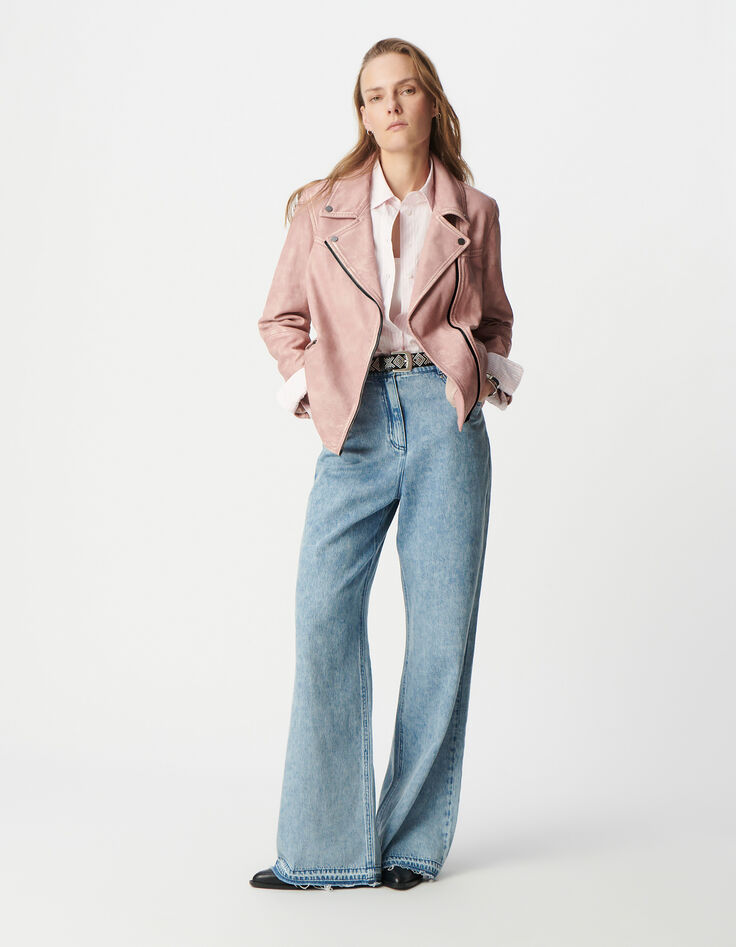 Blouson rose cuir délavé esprit motard Femme-1