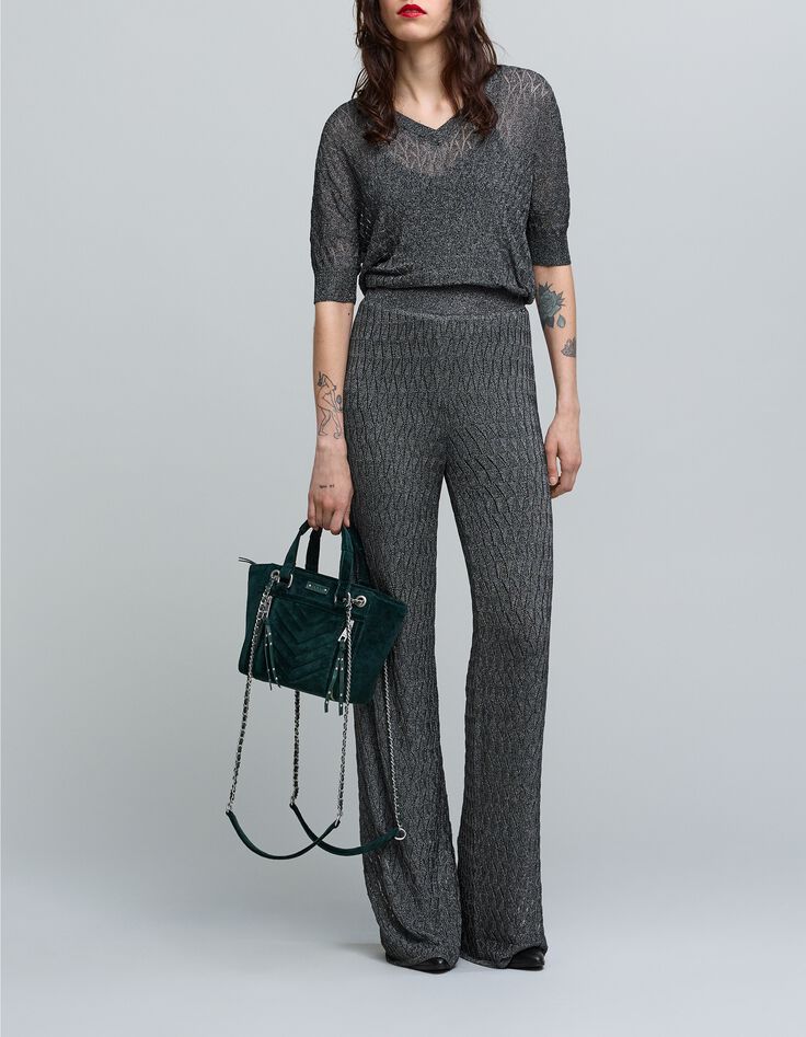 Pantalon gris maille fine graphique ajourée Femme-1