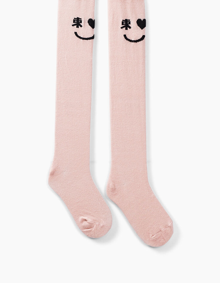 Collants rose poudré en tricot smileys sur genoux fille-1