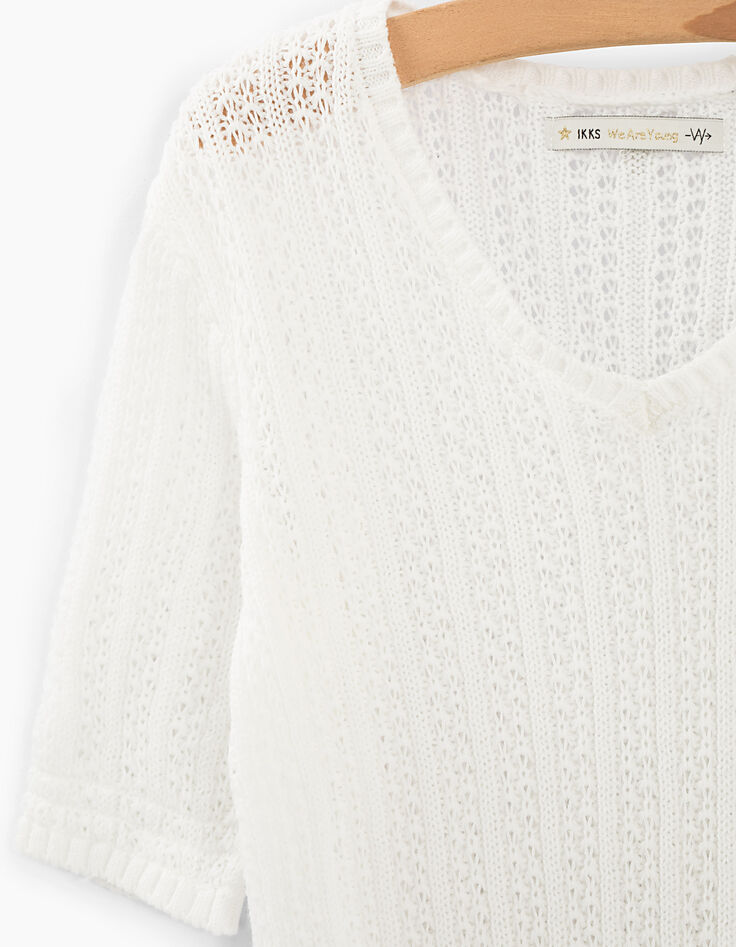 Cremeweißer Mädchenpullover mit Ajour-Strick-3