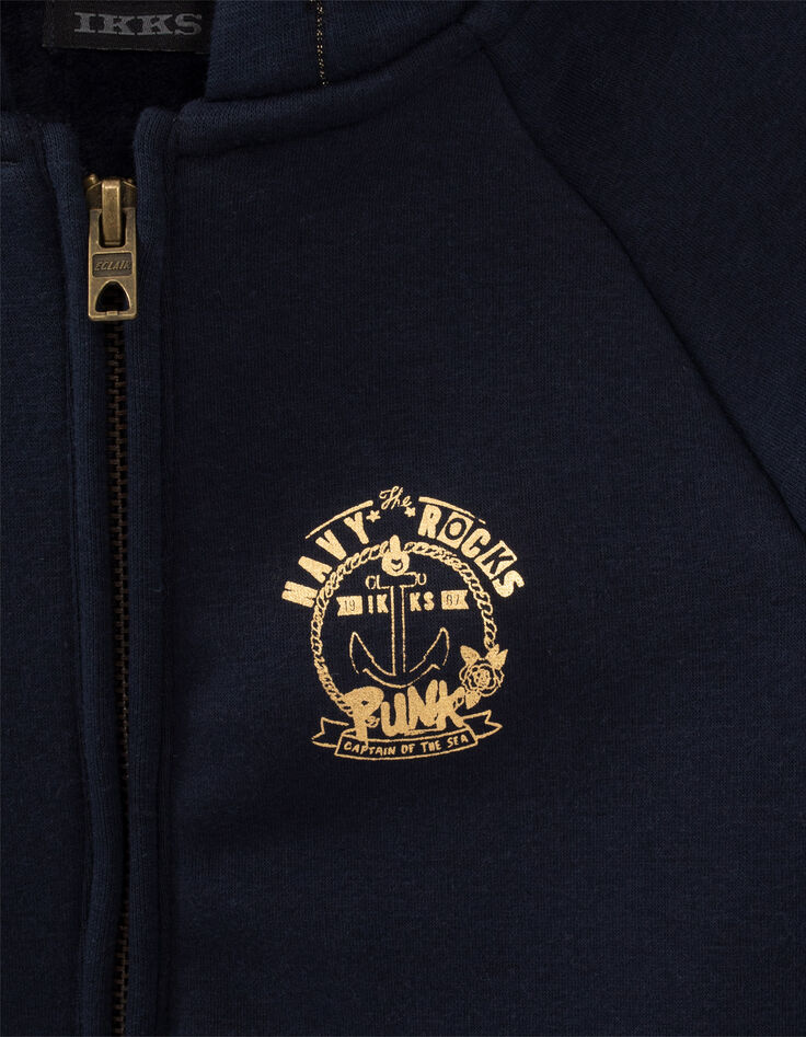 Blaue M&auml;dchensweatjacke mit Kapuze und Streifen-2