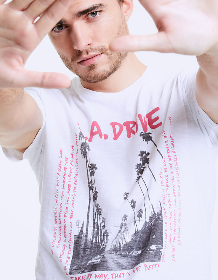 Camiseta blanca con foto palmeras L.A DRIVE Hombre-1