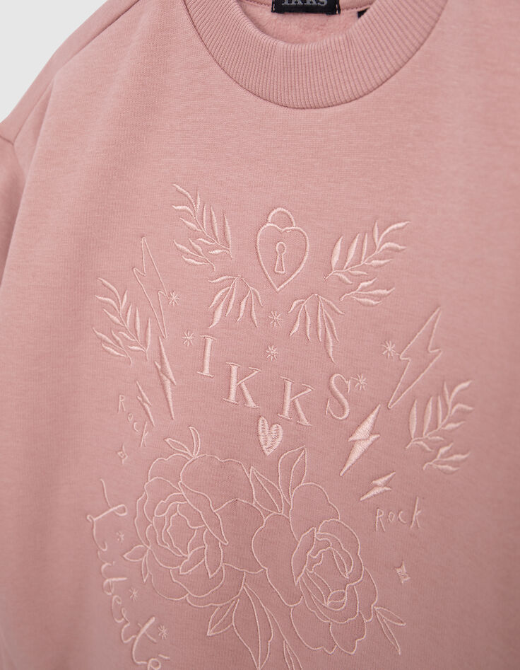 Pink sweatshirt with tone-on-tone embroidery for girls-6 Pink sweatshirt with tone-on-tone embroidery for girls-6