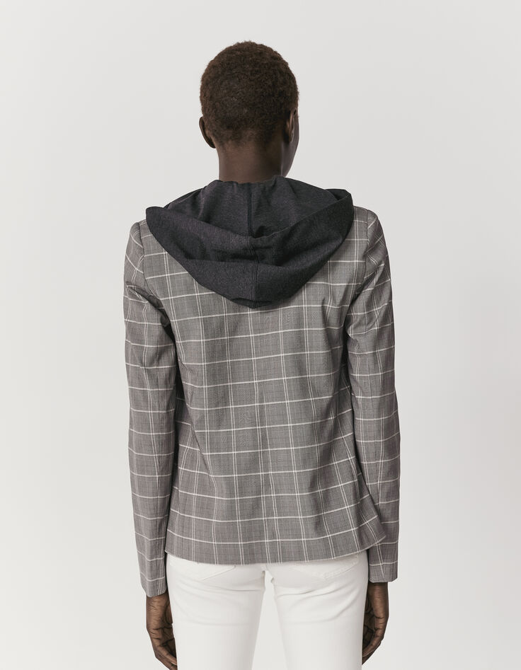 Veste à carreaux gris et lignes blanches capuche femme-3