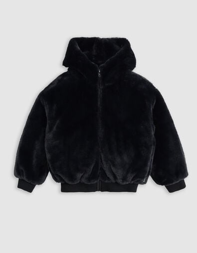 Schwarze Sherpa-Maxi-Jacke, Kapuze, Fischgr&auml;ten, M&auml;dchen - IKKS