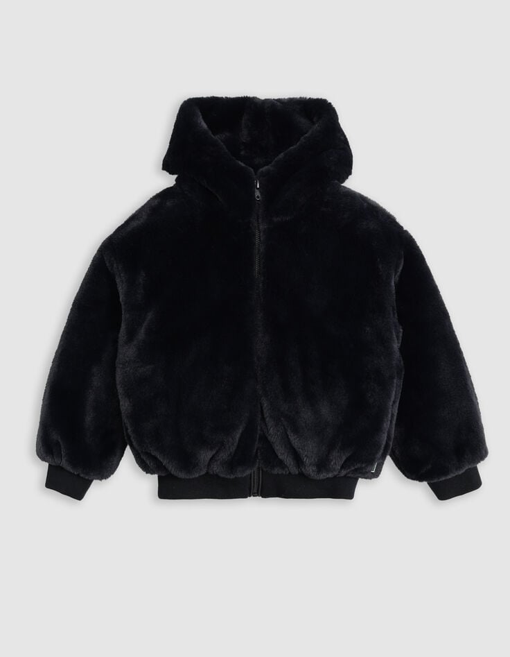 Schwarze Sherpa-Maxi-Jacke, Kapuze, Fischgr&auml;ten, M&auml;dchen-1