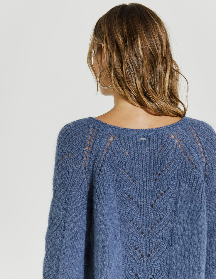 Pull en maille ajourée bleu ardoise col roulotté femme-3