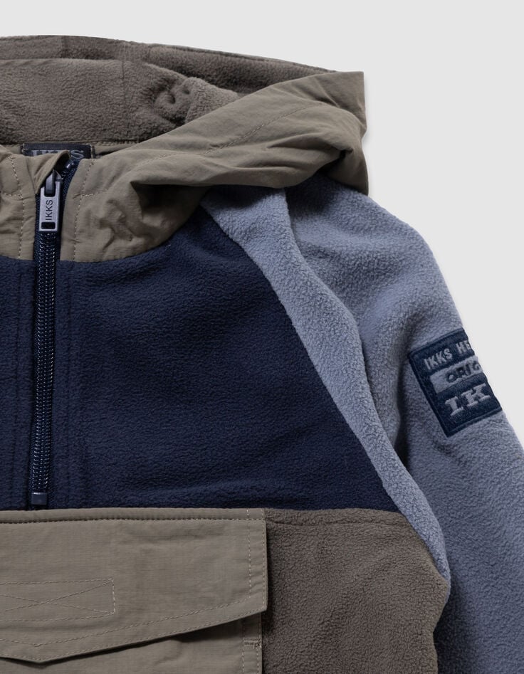 Khaki und blaues Jungenfleece-Kapuzenshirt-4 Khaki und blaues Jungenfleece-Kapuzenshirt-4
