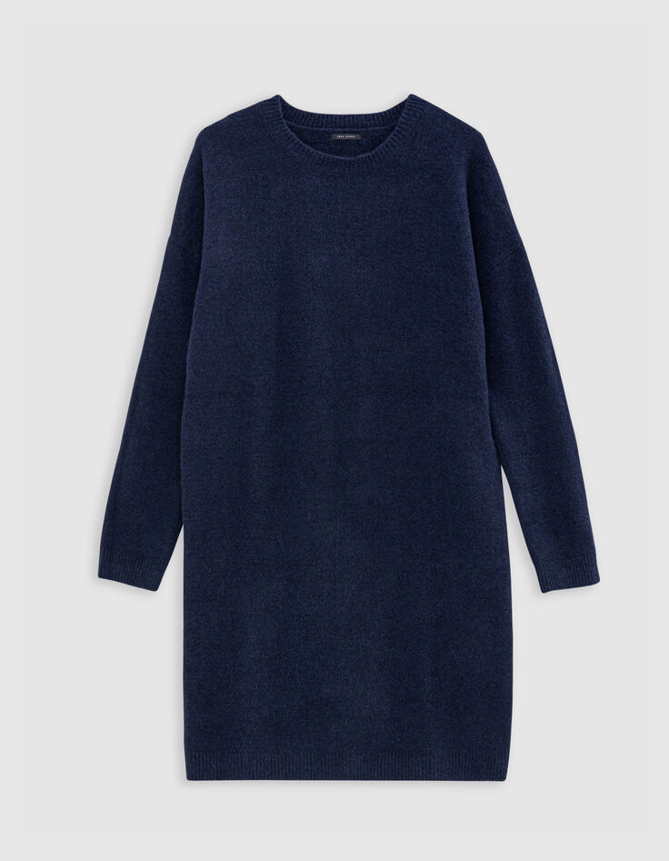 Marineblaues Damen-Rundhalsausschnitt-Kleid mit langen &Auml;rmeln-5