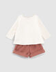 Baby girls’ ecru T-shirt and rosewood shorts outfit-3