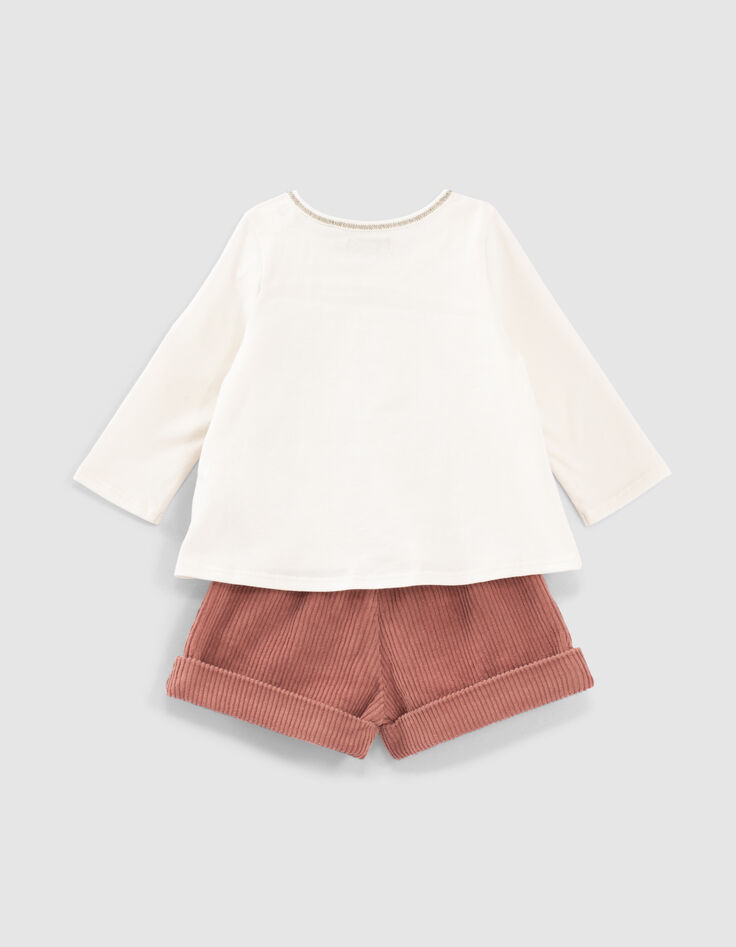 Baby girls’ ecru T-shirt and rosewood shorts outfit-3