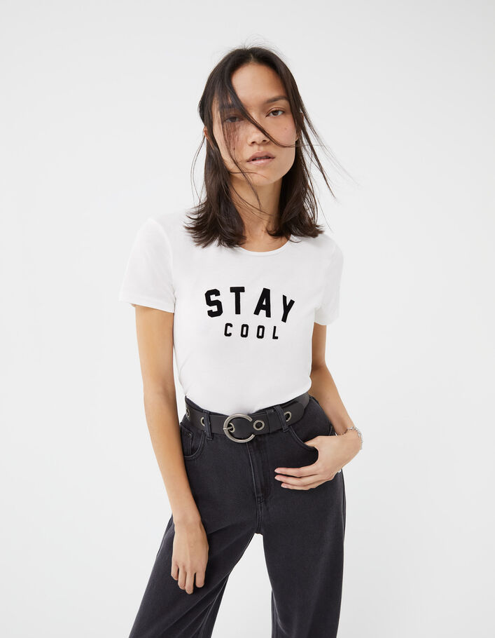 Cremeweißes Damen-T-Shirt aus Biobaumwolle mit Schriftzug - IKKS
