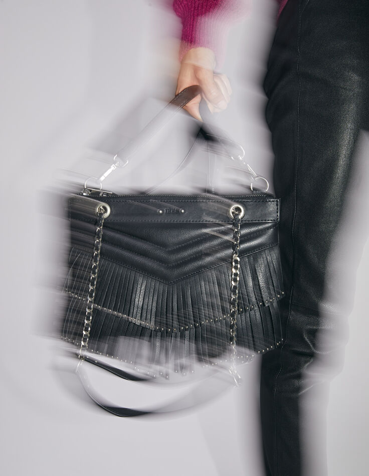 Clutch 1440 Reporter cuero negro flecos mujer-6