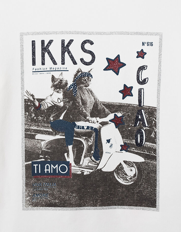 Tee-shirt blanc à visuel chats sur Vespa fille-3
