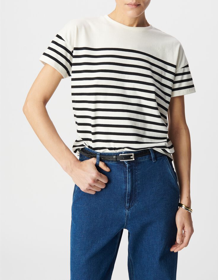 Camiseta marinera de mujer de algod&oacute;n con cuello redondo y bordado-5