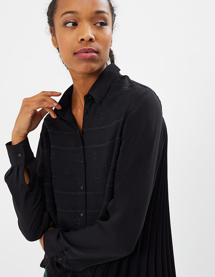 I.Code black embroidered star and pleated back shirt-1