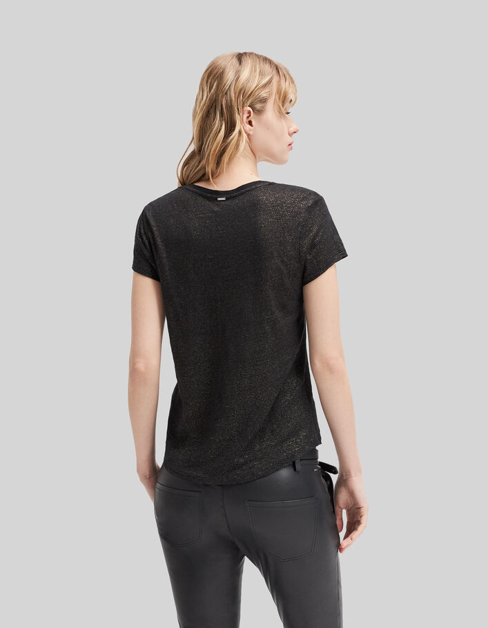 Tee-shirt col V noir en lin foil femme-2
