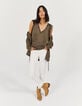 Women’s khaki cupro top with bead-edged V-neck-6