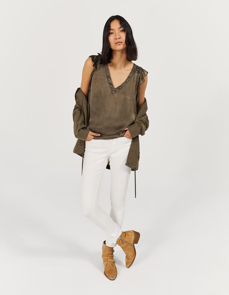 Women’s khaki cupro top with bead-edged V-neck-6