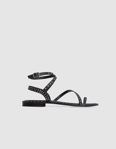 Sandales-tongs plates noires cuir clouté Femme - IKKS
