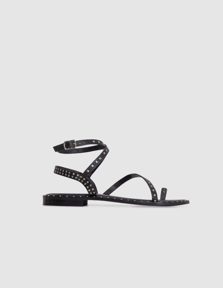 Sandales-tongs plates noires cuir clouté Femme-1