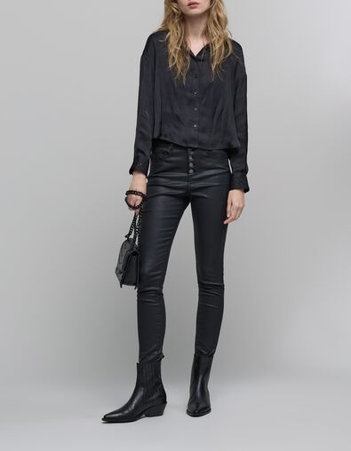 Camisa de mujer de satén negro cuello y puños de strass - IKKS