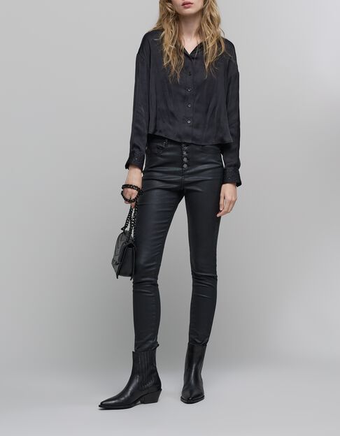 Camisa de mujer de satén negro cuello y puños de strass - IKKS