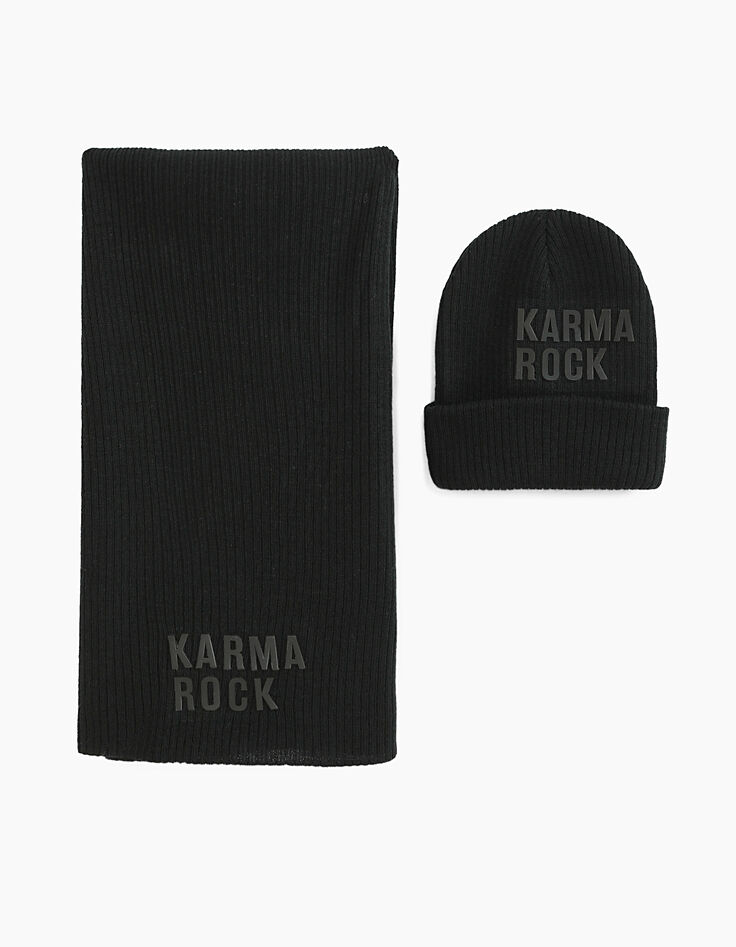 Bonnet et écharpe "KARMA ROCK" en tricot noir femme-3