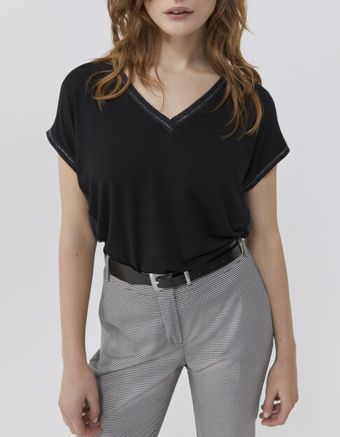 Top negro bimaterial escote V borde acanalado rayas mujer