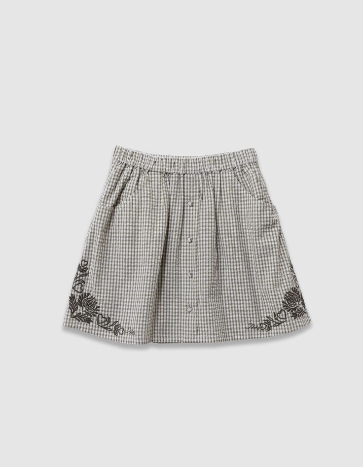 Falda corta caqui con estampado de cuadros y bordado ni&ntilde;a-1