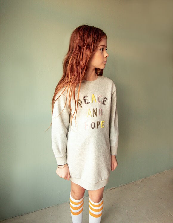 Girls’ grey embroidered slogan organic sweatshirt-dress