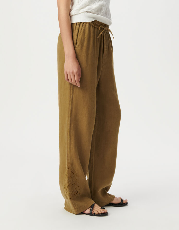 Pantalon large kaki taille haute broderies placées Femme-4