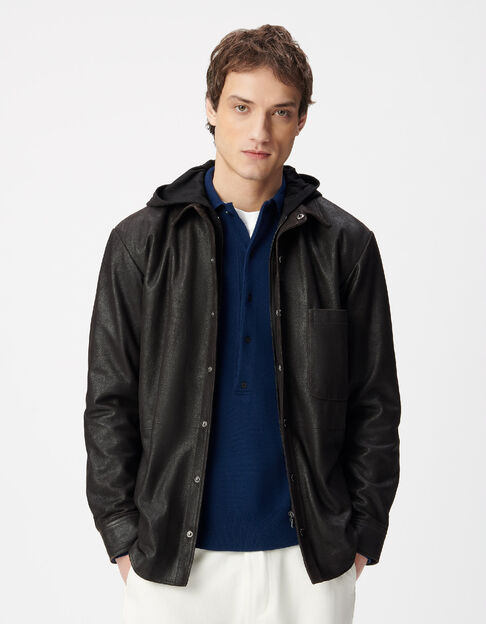 Sobrecamisa de cuero marr&oacute;n con capucha desmontable Hombre - IKKS