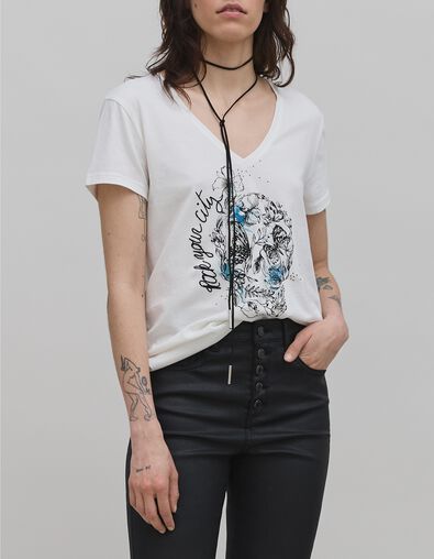 Tee-shirt blanc cass&eacute; t&ecirc;te de mort et broderie Femme - IKKS